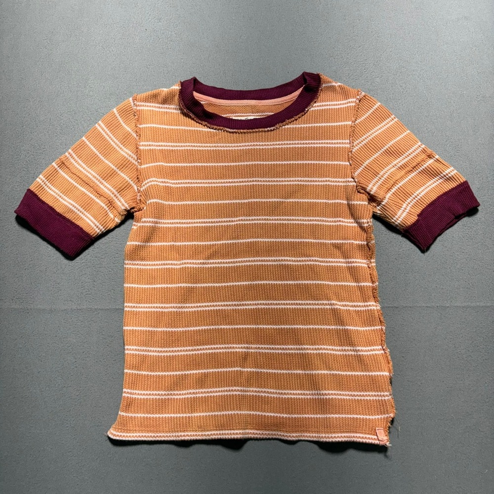 We The Free Free People Orange Striped Waffle Knit Thermal Top XS Raw Seam